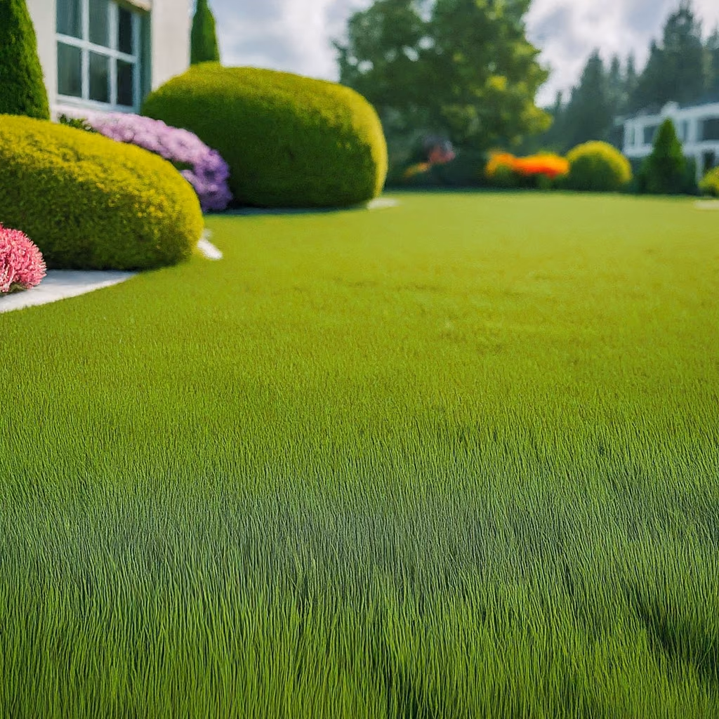 A thick green lawn edged by rounded shrubs and flowers