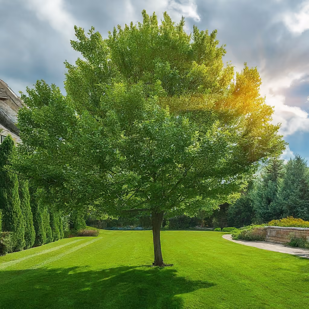 A full green tree standing on a mowed lawn