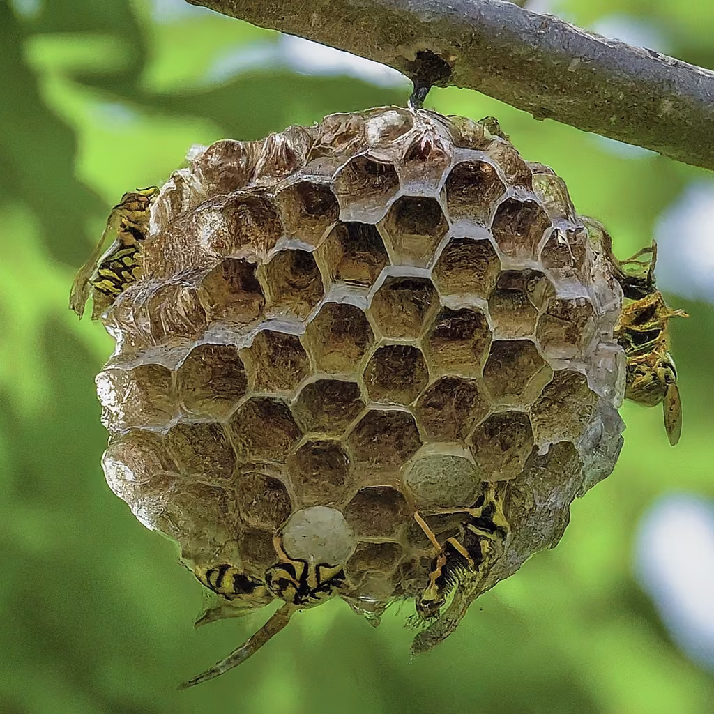 A wasp nest hanging from a branch, wasps crawling over its comb