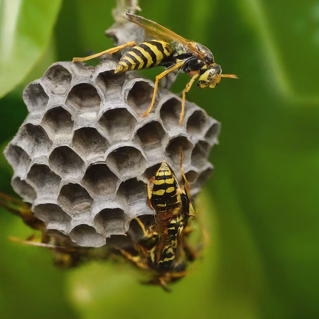 Two wasps on the gray paper comb of their nest